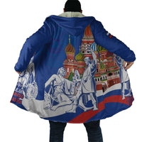 Unisex blue hooded cloak, back view with detailed cathedral and horseman print