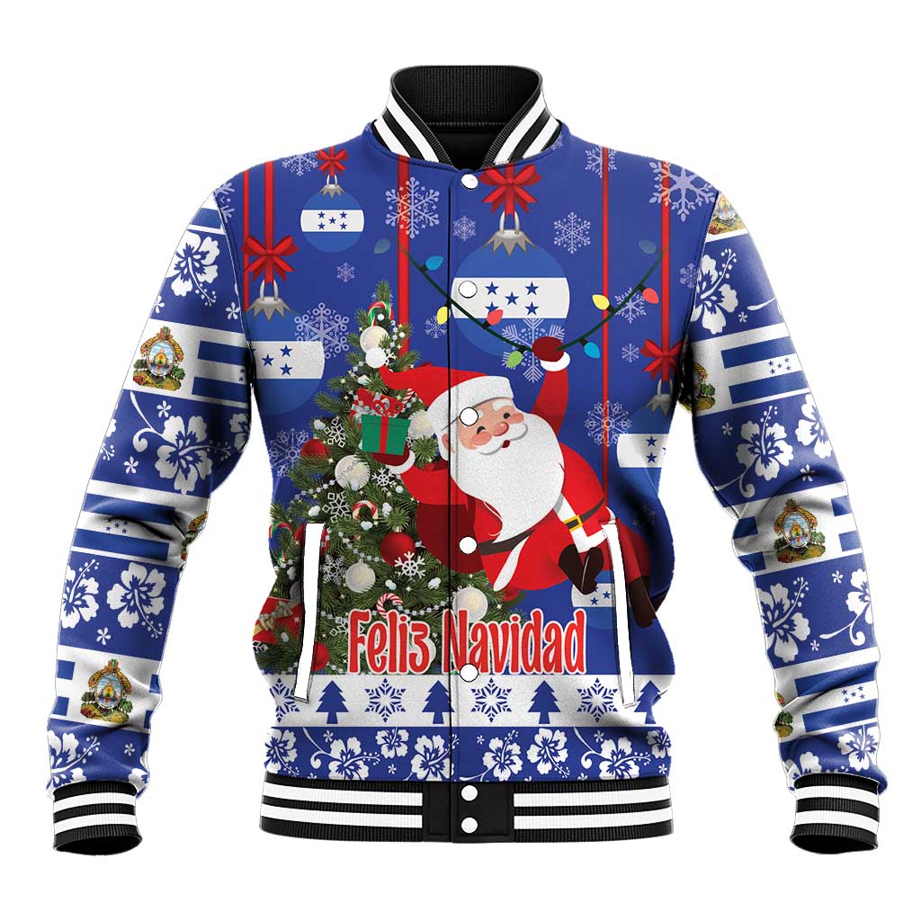 Unisex blue Christmas baseball jacket with Santa, tree and Feliz Navidad graphic