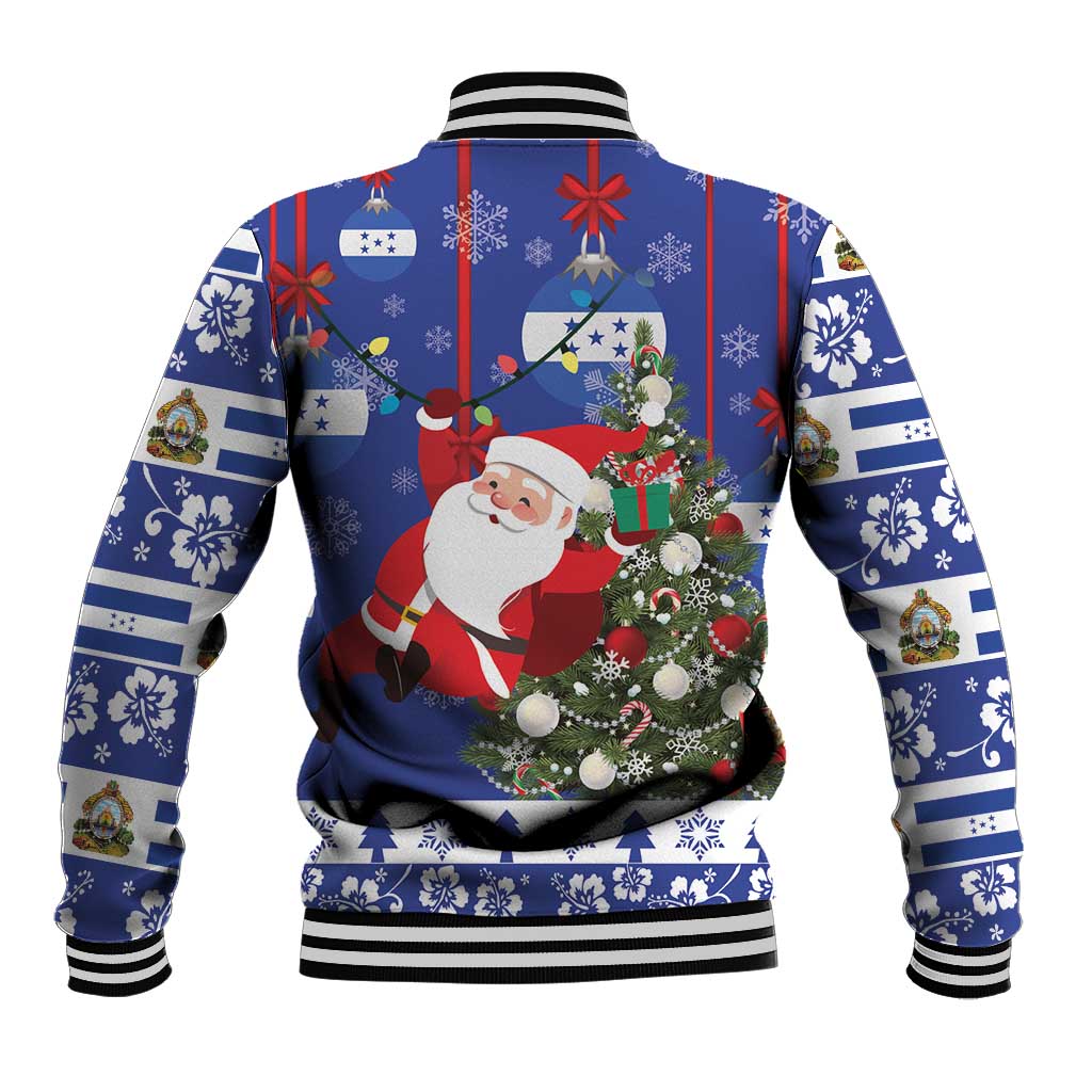 Unisex blue Christmas baseball jacket, back view with Santa and decorated tree graphic