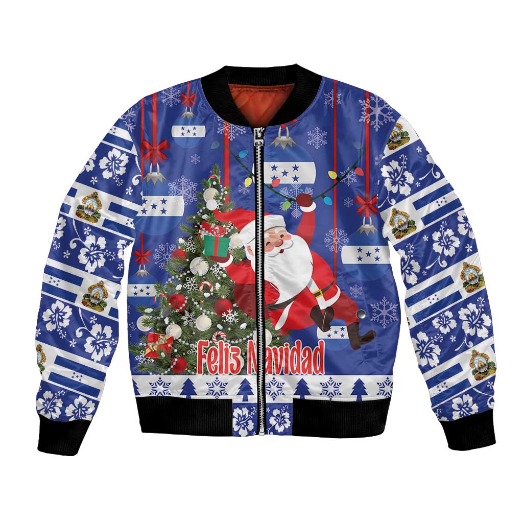 Blue unisex bomber jacket with Santa and Christmas tree graphic, zip front