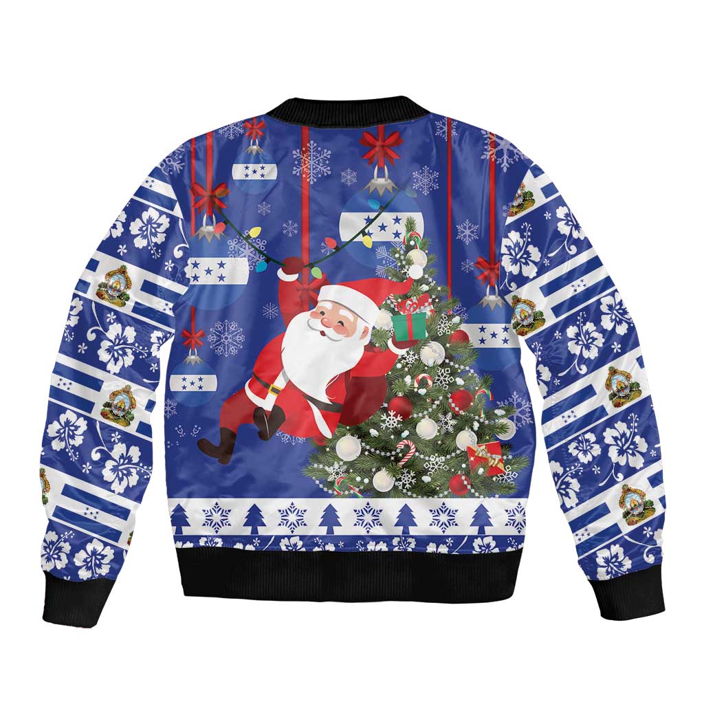 Blue unisex bomber jacket with Santa and Christmas tree graphic, pullover style