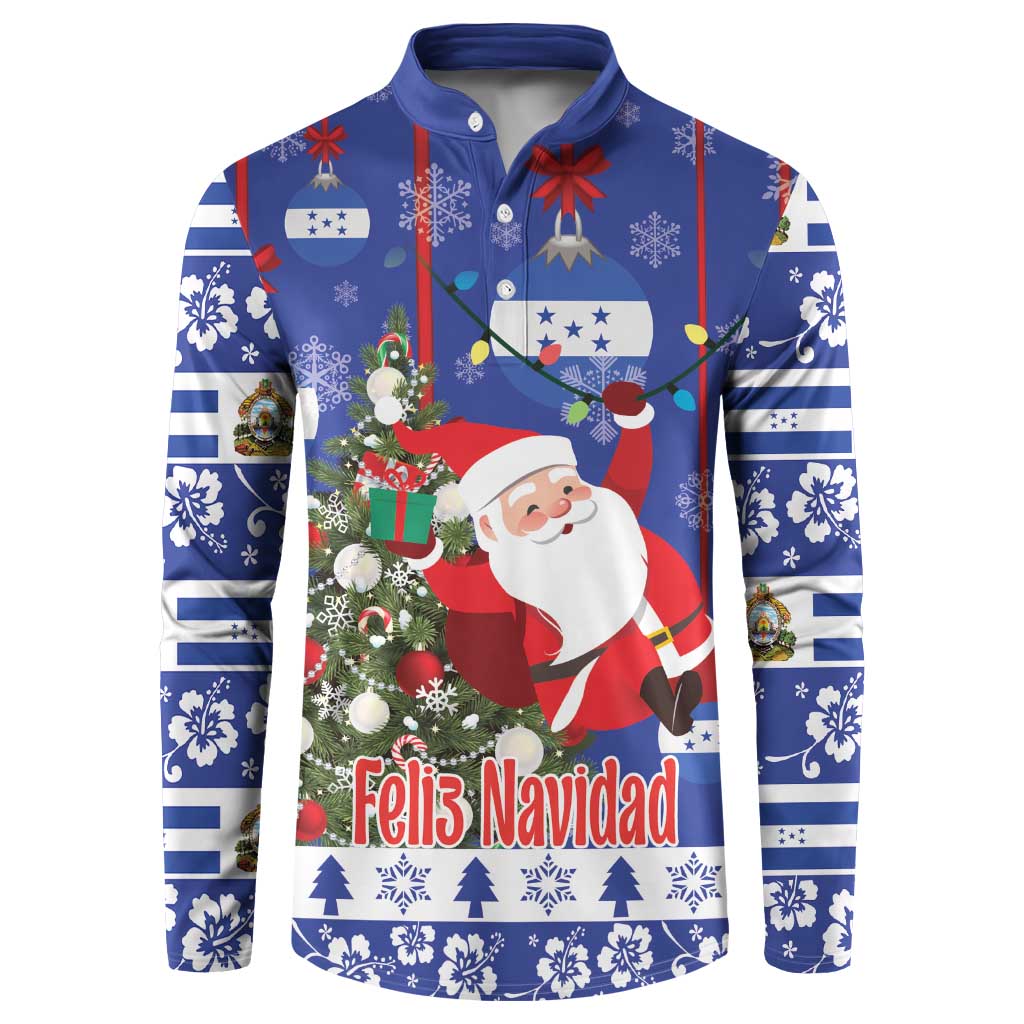 Men's blue Christmas button sweatshirt with Santa and tree graphic, long sleeves
