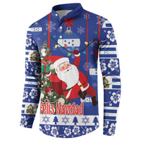 Men's blue Christmas button sweatshirt, front view with Santa graphic and holiday text