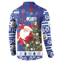 Men's blue Christmas button sweatshirt, back view with Santa and Christmas tree graphic