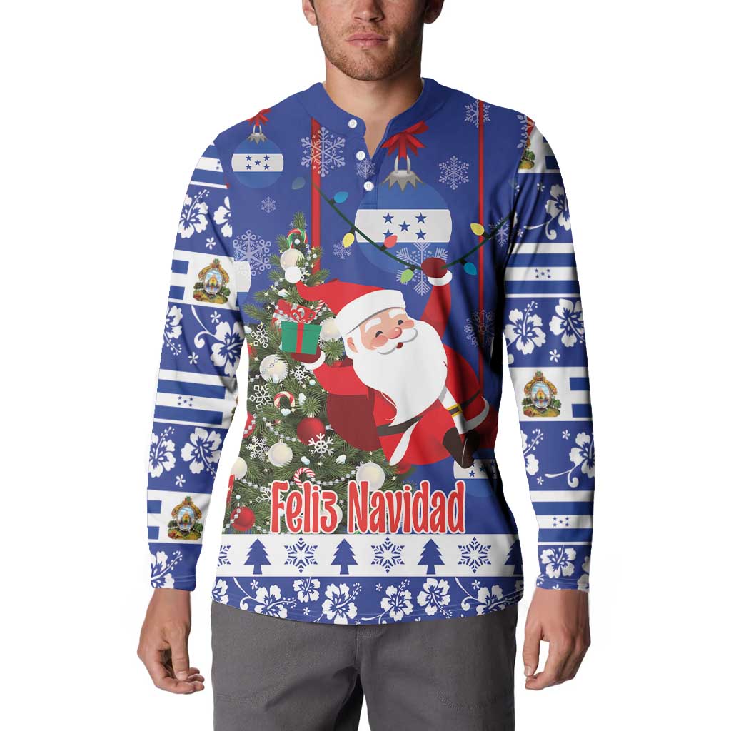 Men's blue Christmas button sweatshirt on model, front view with Santa and holiday text