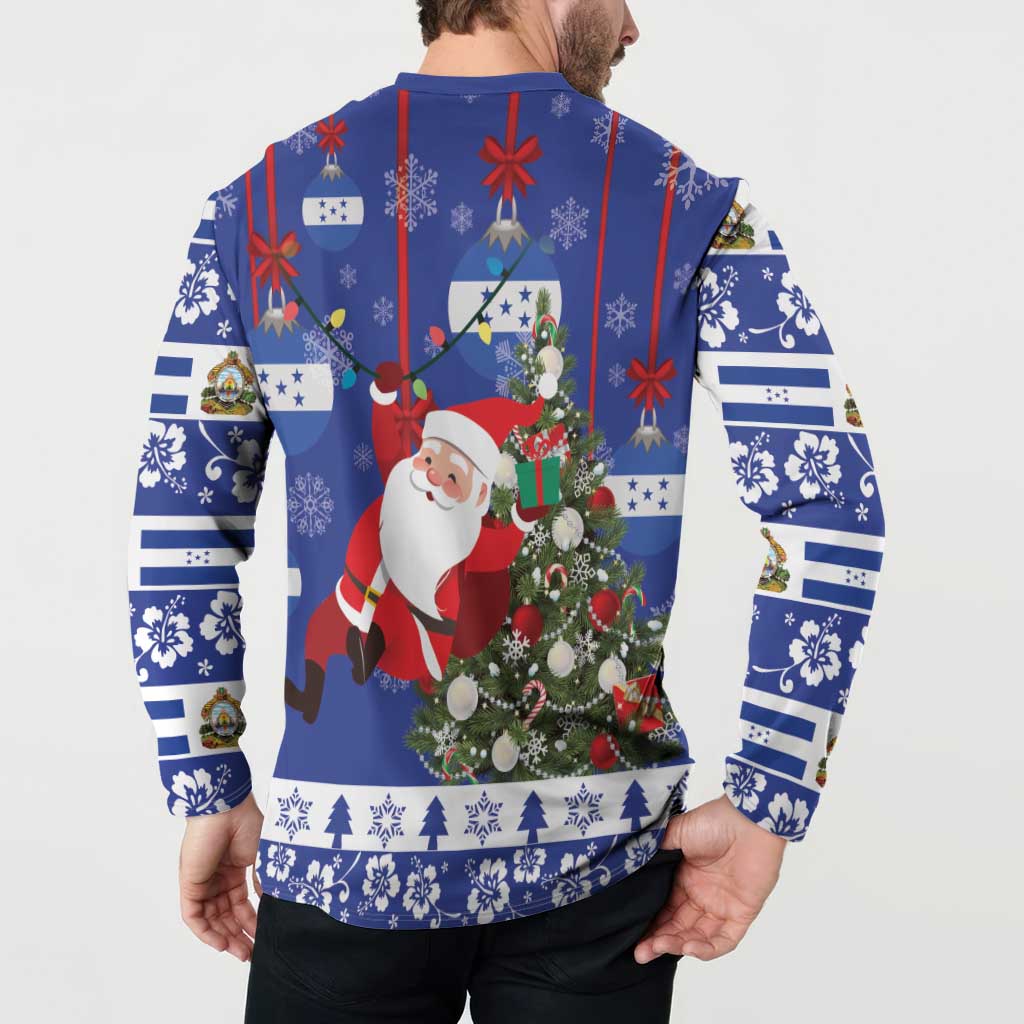 Men's blue Christmas button sweatshirt on model, back view with Santa and tree graphic