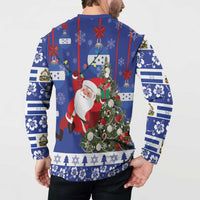 Men's blue Christmas button sweatshirt on model, back view with Santa and tree graphic