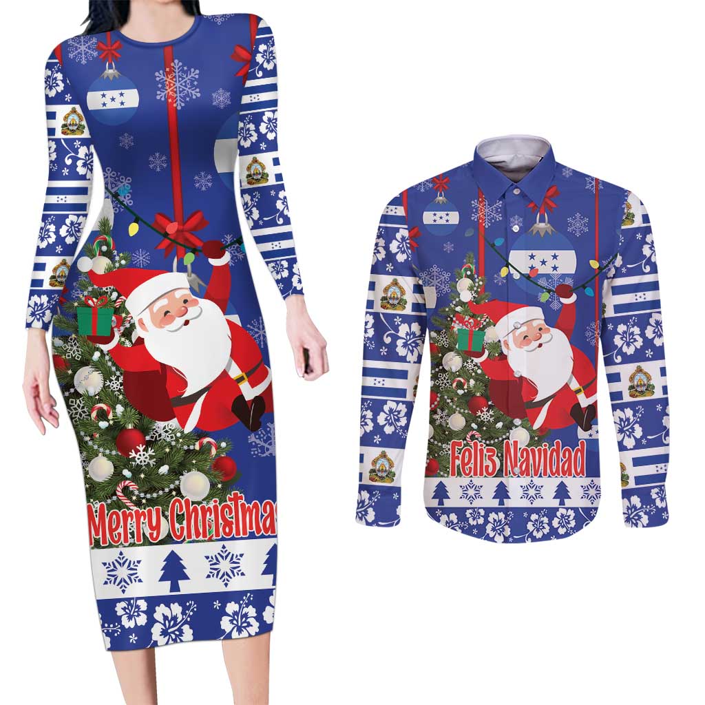 Honduras Santa Claus Christmas Couples Matching Long Sleeve Bodycon Dress and Long Sleeve Button Shirt Christmas Tree With Flag Background - Wonder Print Shop