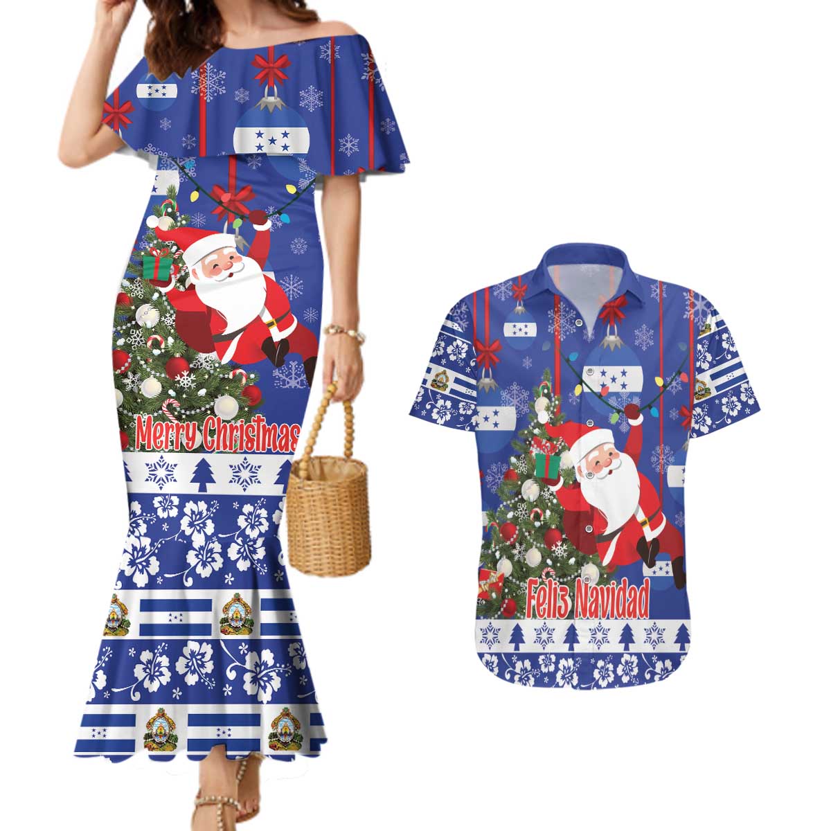 Honduras Santa Claus Christmas Couples Matching Mermaid Dress and Hawaiian Shirt Christmas Tree With Flag Background - Wonder Print Shop