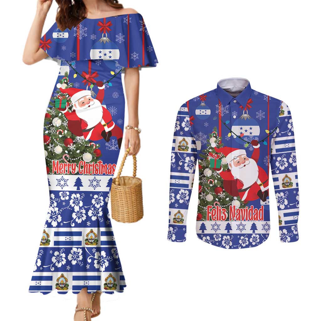 Honduras Santa Claus Christmas Couples Matching Mermaid Dress and Long Sleeve Button Shirt Christmas Tree With Flag Background