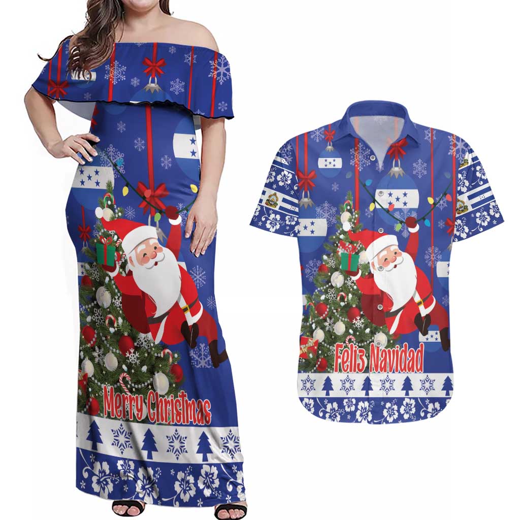 Honduras Santa Claus Christmas Couples Matching Off Shoulder Maxi Dress and Hawaiian Shirt Christmas Tree With Flag Background - Wonder Print Shop