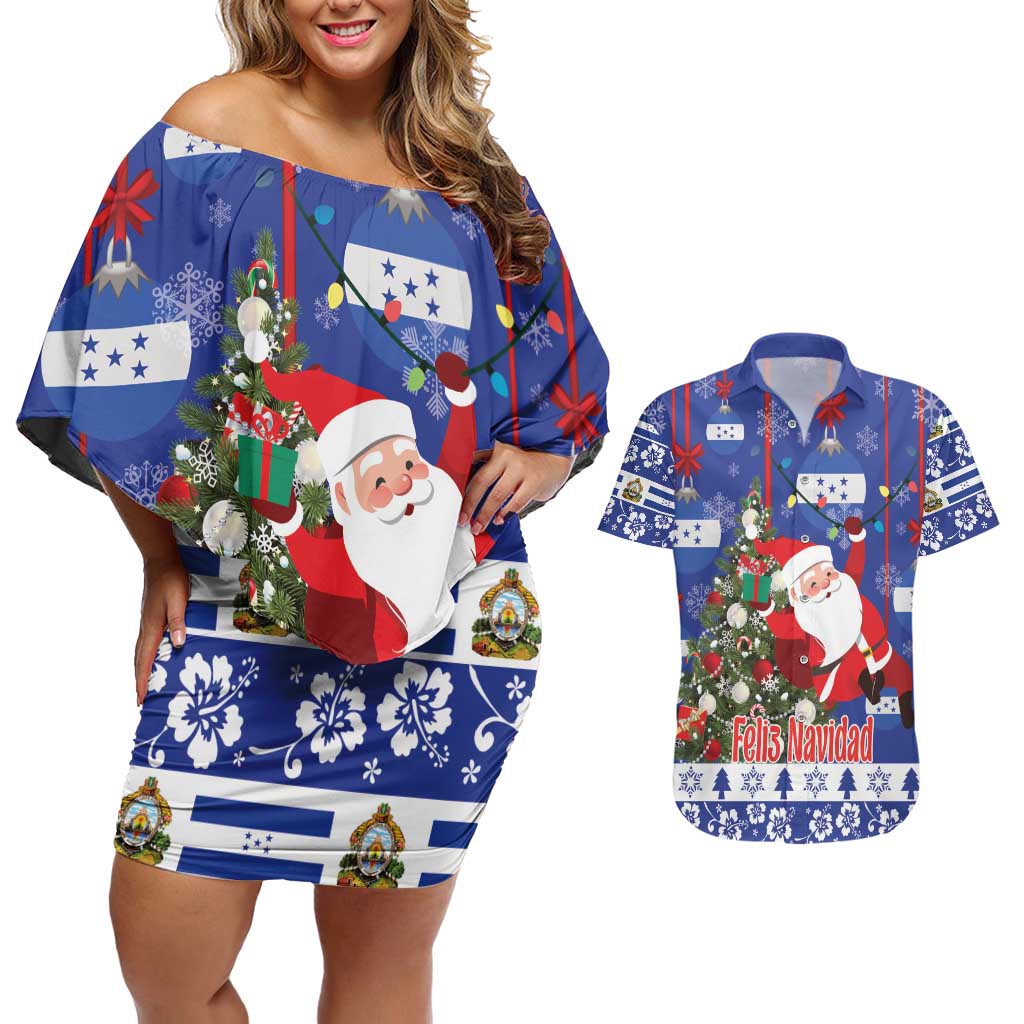 Honduras Santa Claus Christmas Couples Matching Off Shoulder Short Dress and Hawaiian Shirt Christmas Tree With Flag Background - Wonder Print Shop