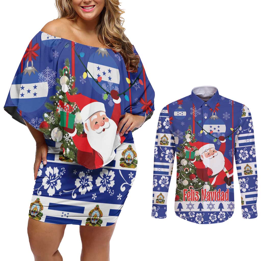 Honduras Santa Claus Christmas Couples Matching Off Shoulder Short Dress and Long Sleeve Button Shirt Christmas Tree With Flag Background - Wonder Print Shop