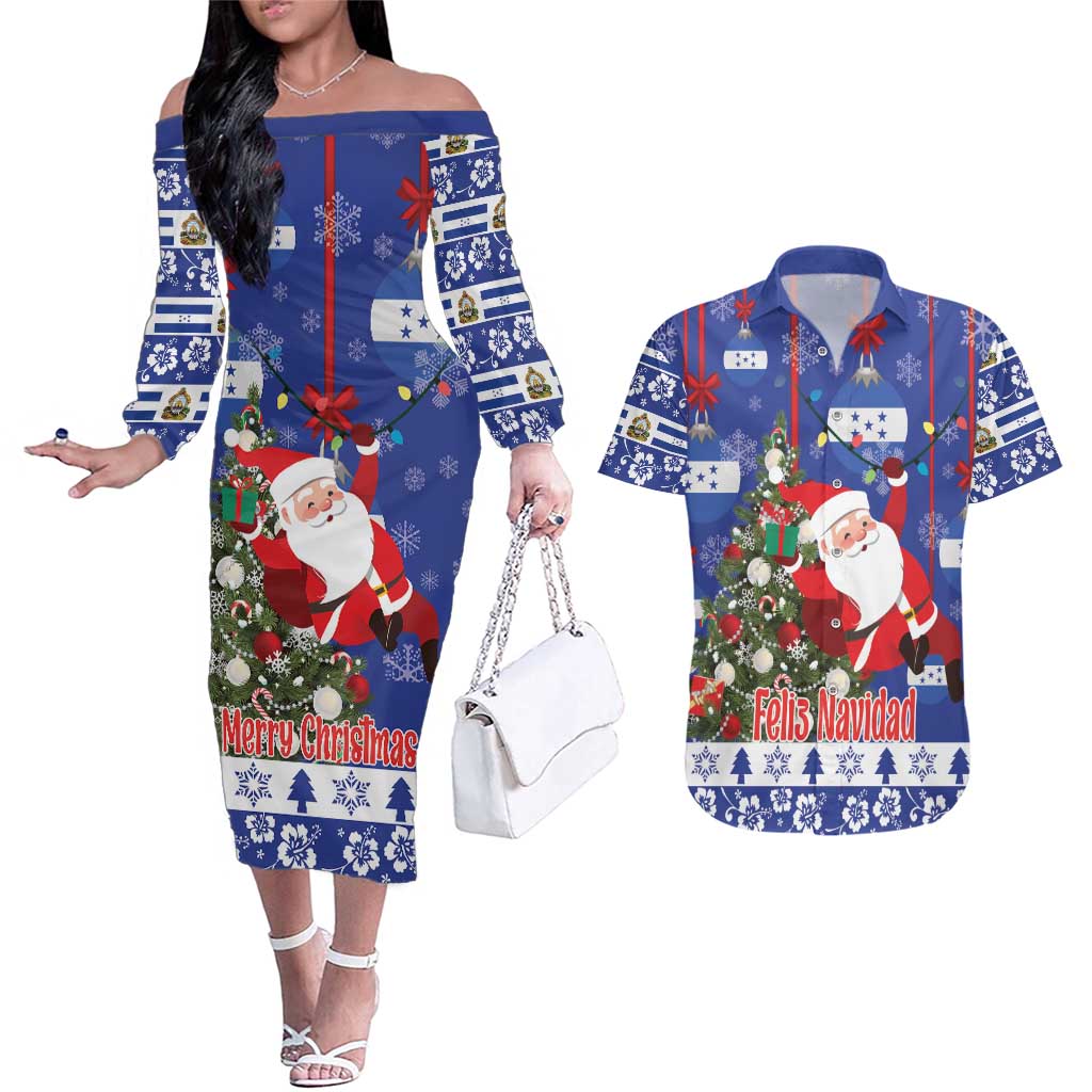 Honduras Santa Claus Christmas Couples Matching Off The Shoulder Long Sleeve Dress and Hawaiian Shirt Christmas Tree With Flag Background - Wonder Print Shop