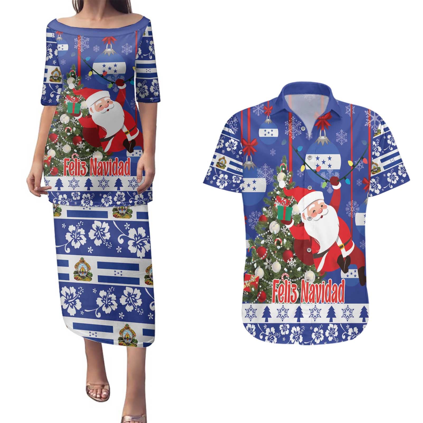 Honduras Santa Claus Christmas Couples Matching Puletasi and Hawaiian Shirt Christmas Tree With Flag Background - Wonder Print Shop