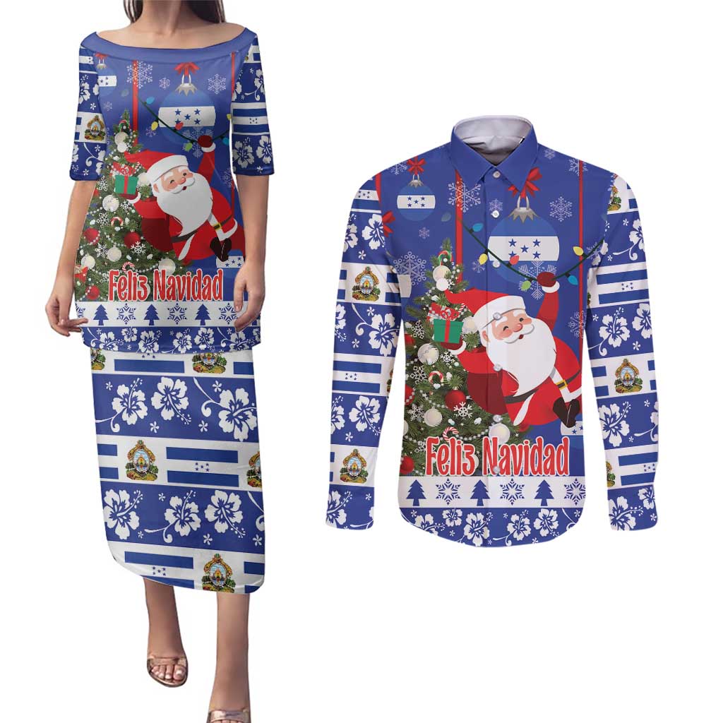 Honduras Santa Claus Christmas Couples Matching Puletasi and Long Sleeve Button Shirt Christmas Tree With Flag Background - Wonder Print Shop