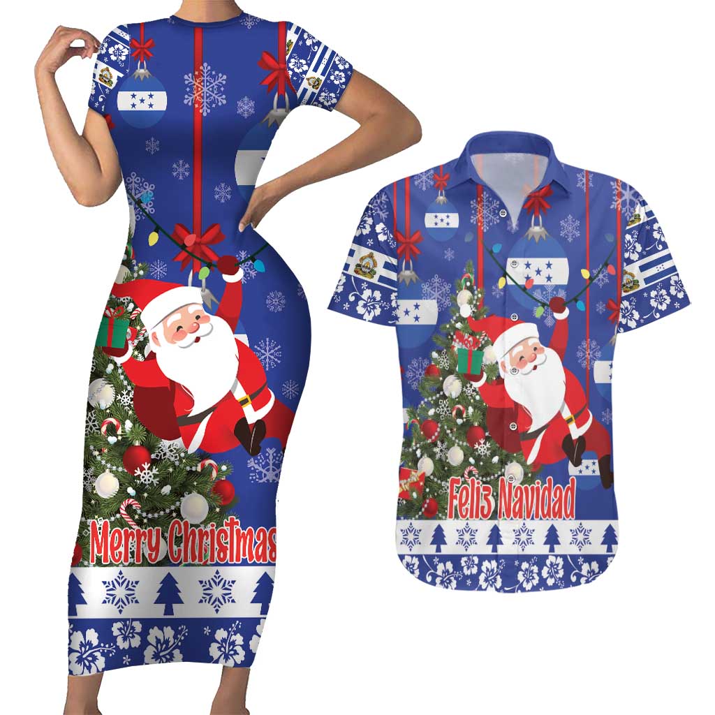 Honduras Santa Claus Christmas Couples Matching Short Sleeve Bodycon Dress and Hawaiian Shirt Christmas Tree With Flag Background - Wonder Print Shop