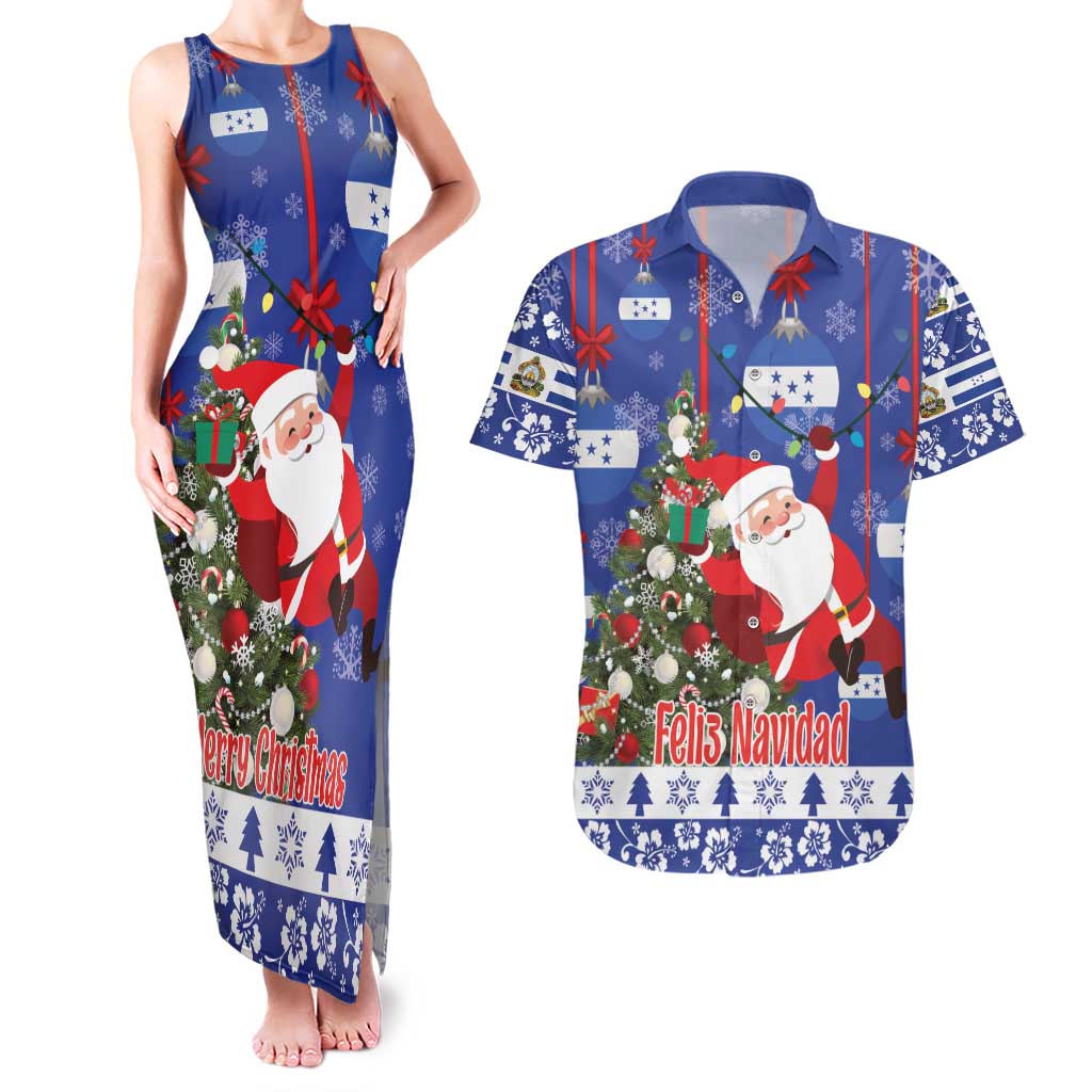 Honduras Santa Claus Christmas Couples Matching Tank Maxi Dress and Hawaiian Shirt Christmas Tree With Flag Background - Wonder Print Shop