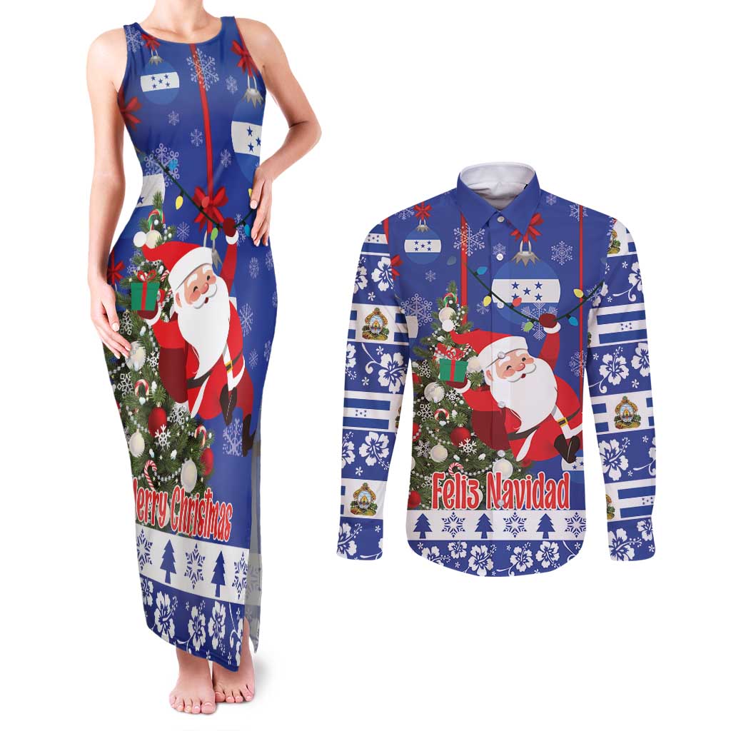 Honduras Santa Claus Christmas Couples Matching Tank Maxi Dress and Long Sleeve Button Shirt Christmas Tree With Flag Background - Wonder Print Shop