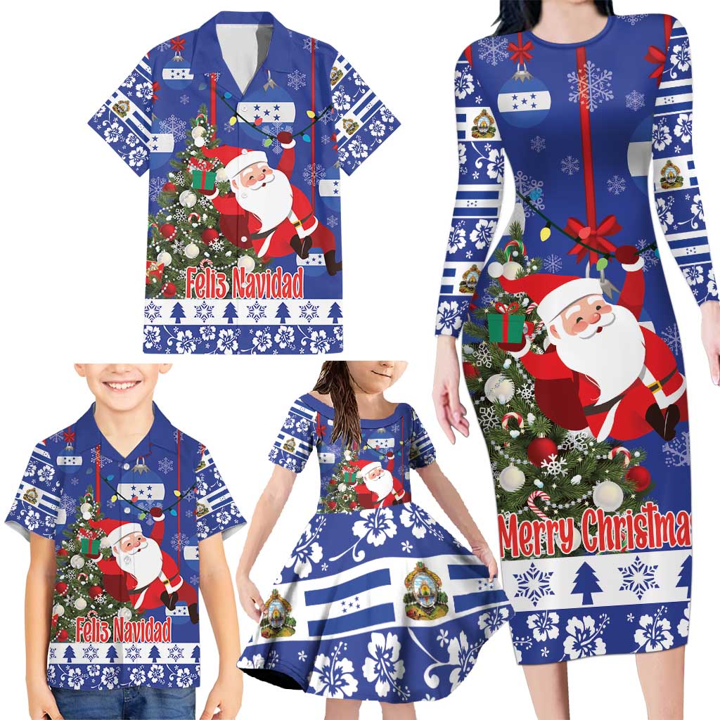 Honduras Santa Claus Christmas Family Matching Long Sleeve Bodycon Dress and Hawaiian Shirt Christmas Tree With Flag Background - Wonder Print Shop