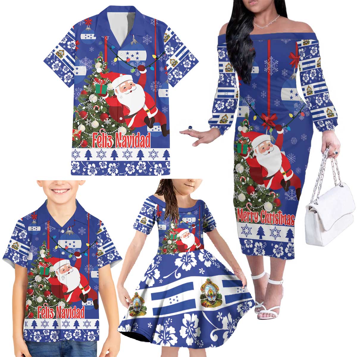 Honduras Santa Claus Christmas Family Matching Off The Shoulder Long Sleeve Dress and Hawaiian Shirt Christmas Tree With Flag Background - Wonder Print Shop