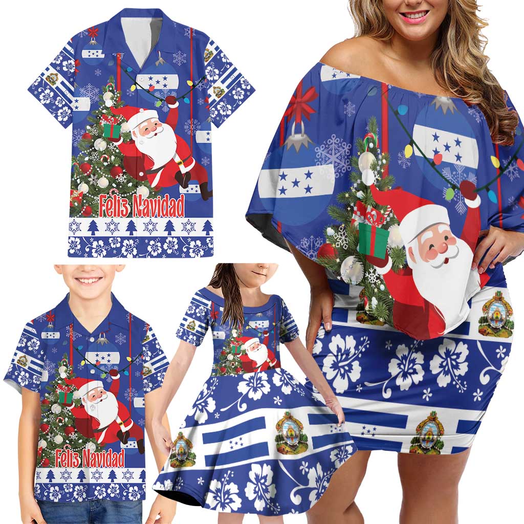 Honduras Santa Claus Christmas Family Matching Off Shoulder Short Dress and Hawaiian Shirt Christmas Tree With Flag Background - Wonder Print Shop