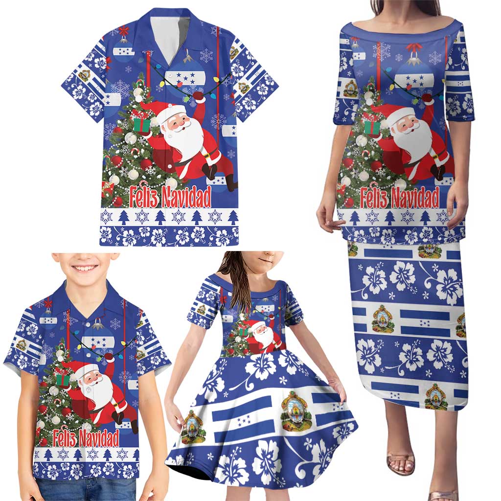 Honduras Santa Claus Christmas Family Matching Puletasi and Hawaiian Shirt Christmas Tree With Flag Background - Wonder Print Shop