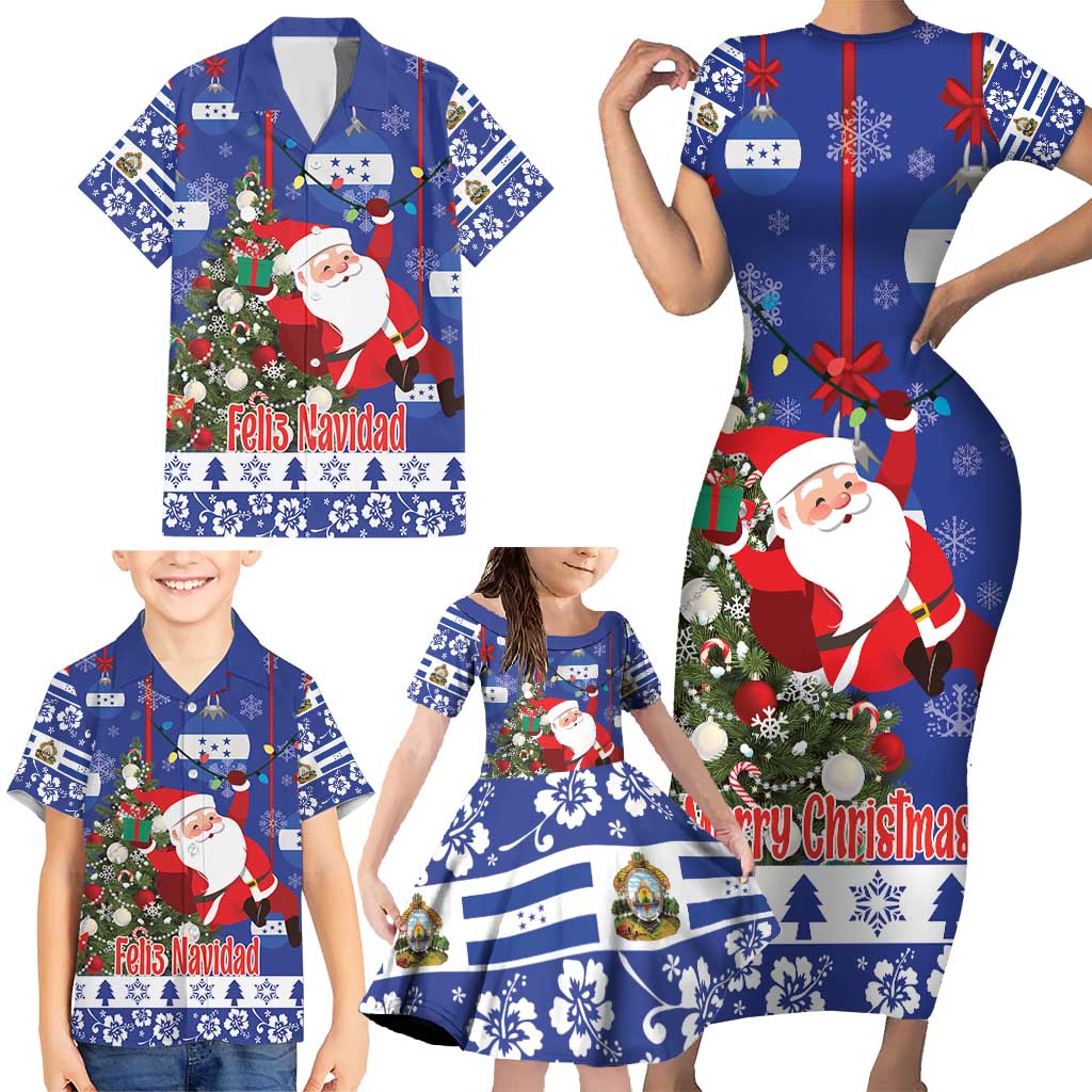 Honduras Santa Claus Christmas Family Matching Short Sleeve Bodycon Dress and Hawaiian Shirt Christmas Tree With Flag Background - Wonder Print Shop