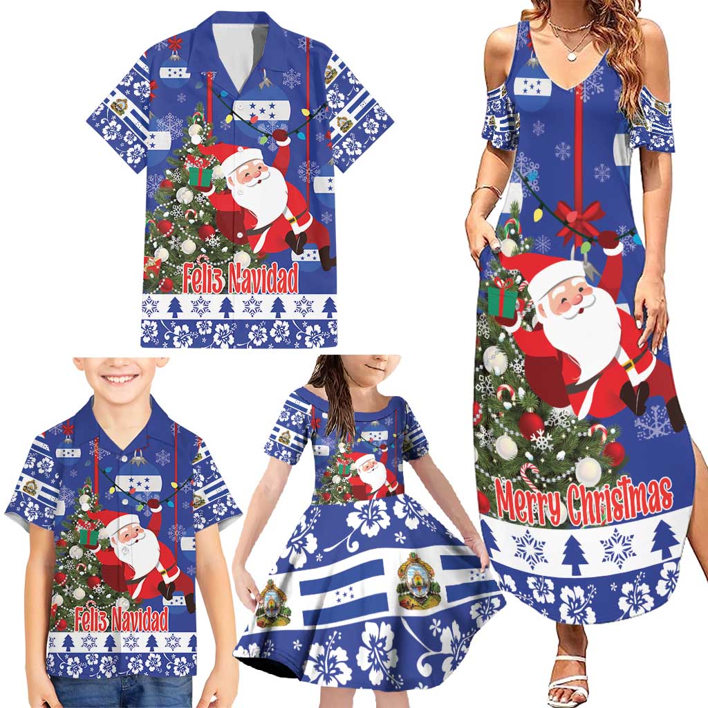 Honduras Santa Claus Christmas Family Matching Summer Maxi Dress and Hawaiian Shirt Christmas Tree With Flag Background - Wonder Print Shop