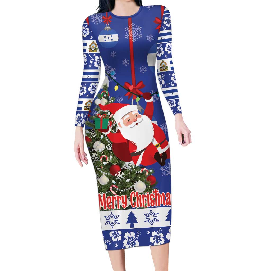 Honduras Santa Claus Christmas Long Sleeve Bodycon Dress Christmas Tree With Flag Background - Wonder Print Shop