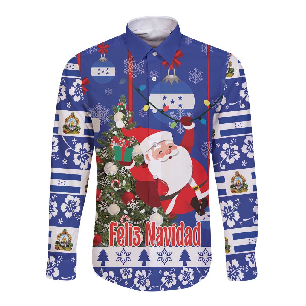 Blue long-sleeve button shirt with Santa and 'Felis Navidad' front graphic