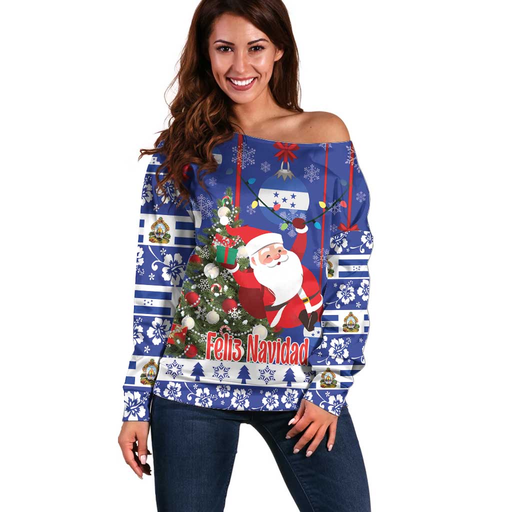 Honduras Santa Claus Christmas Off Shoulder Sweater Christmas Tree With Flag Background - Wonder Print Shop