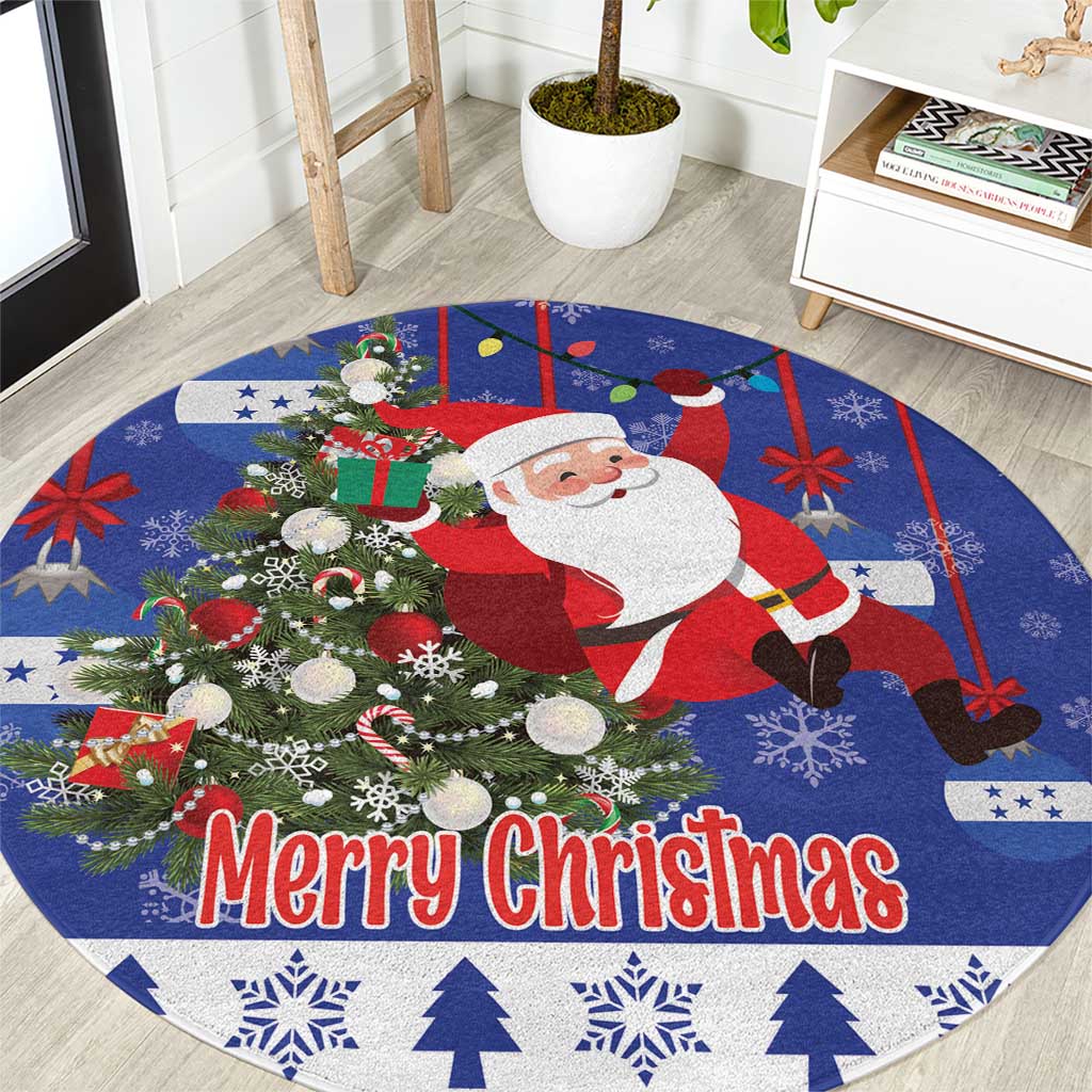 Blue round Christmas rug with Santa, trees, and "Merry Christmas" text