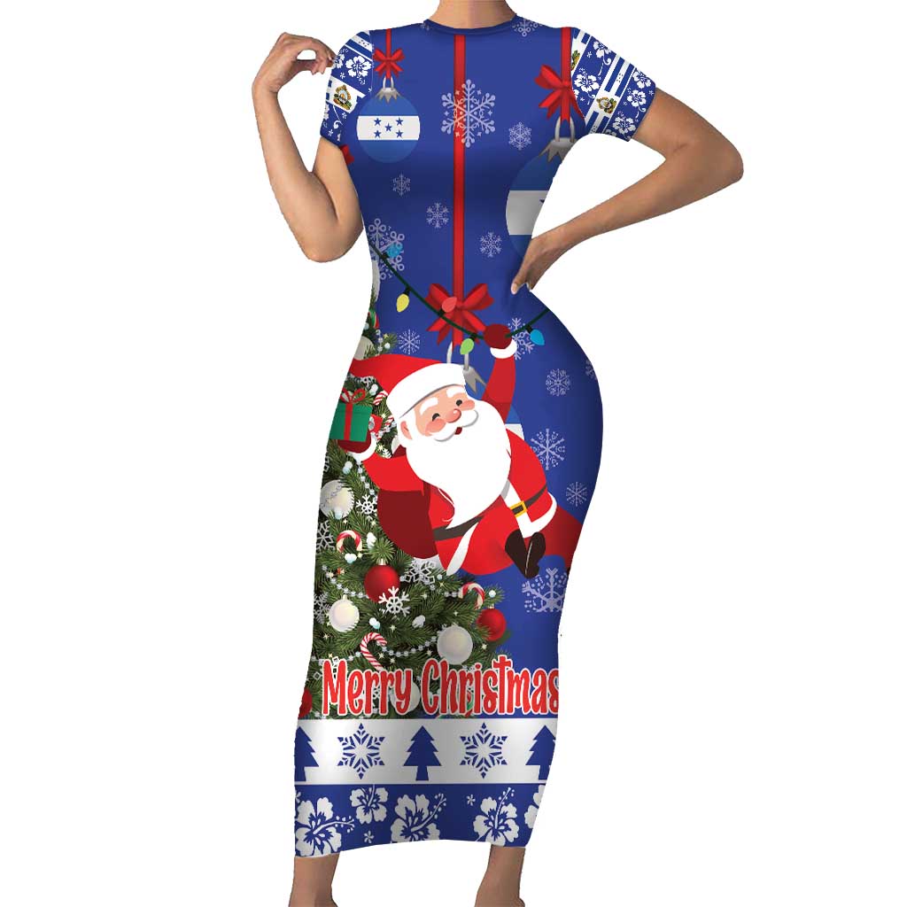 Honduras Santa Claus Christmas Short Sleeve Bodycon Dress Christmas Tree With Flag Background - Wonder Print Shop