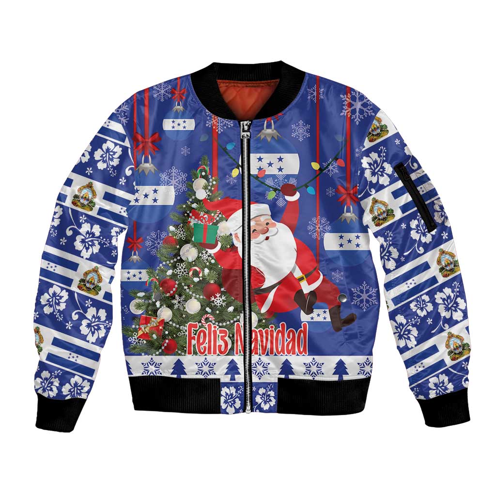 Honduras Santa Claus Christmas Sleeve Zip Bomber Jacket Christmas Tree With Flag Background - Wonder Print Shop