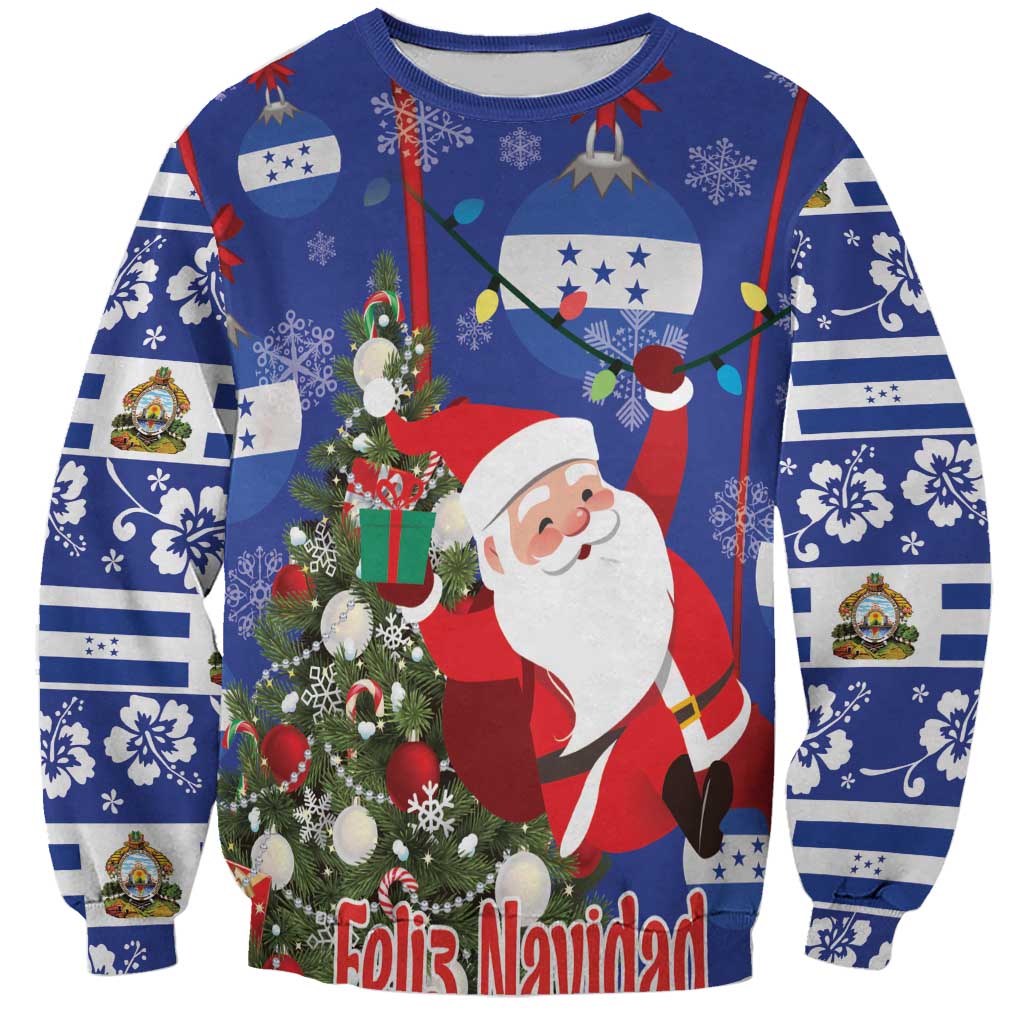 Blue unisex Christmas sweatshirt with Santa, decorated tree, and festive ornament graphics
