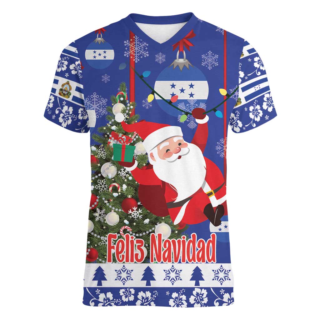 Honduras Santa Claus Christmas Women V-Neck T-Shirt Christmas Tree With Flag Background - Wonder Print Shop