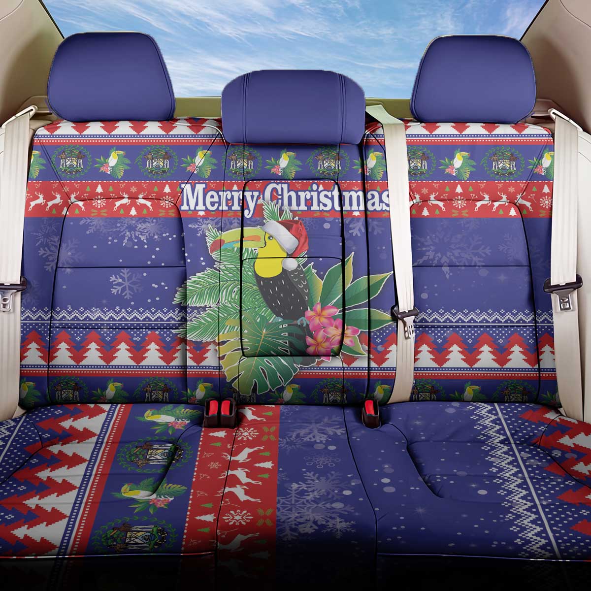 Belize Keel-billed Toucan Bird Christmas Back Car Seat Cover Feliz Navidad With Knitted Christmas Pattern - Wonder Print Shop