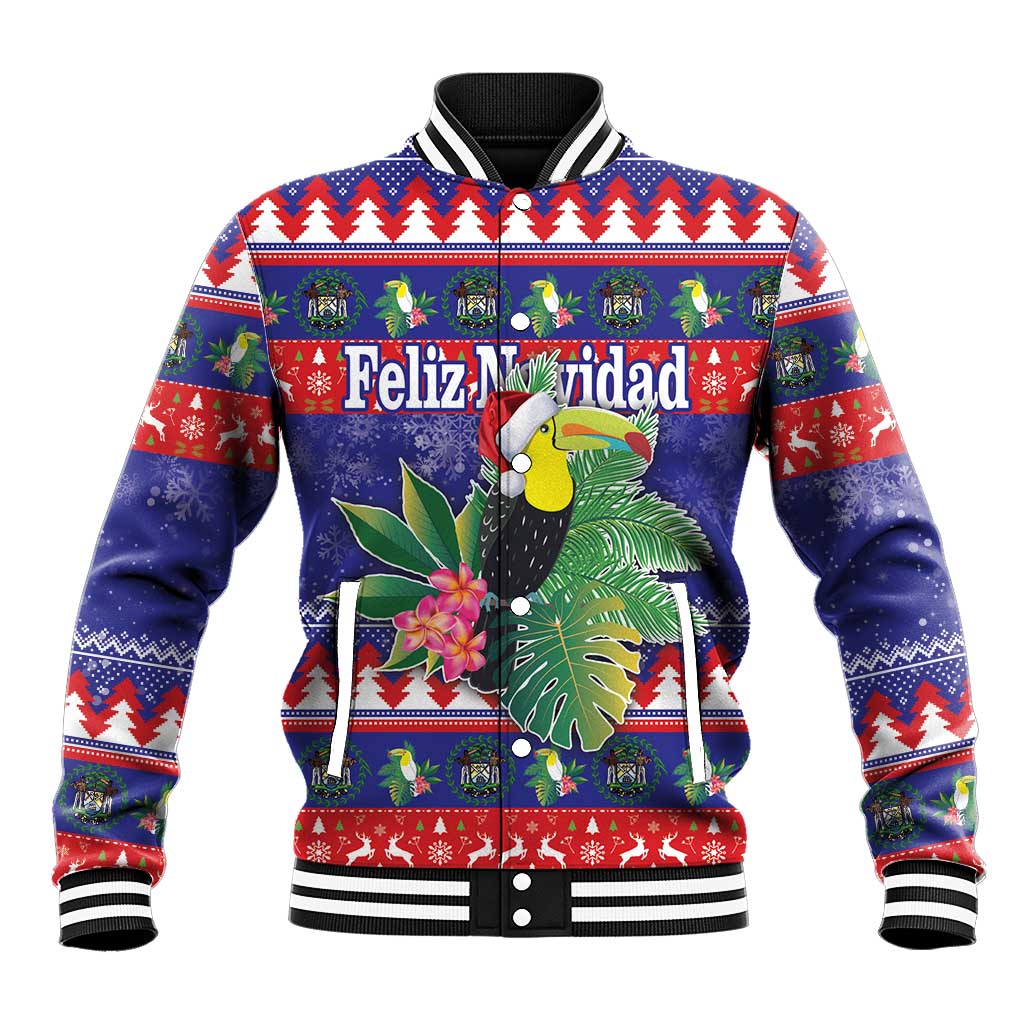 Unisex blue baseball jacket with colorful Feliz Navidad toucan knit holiday pattern