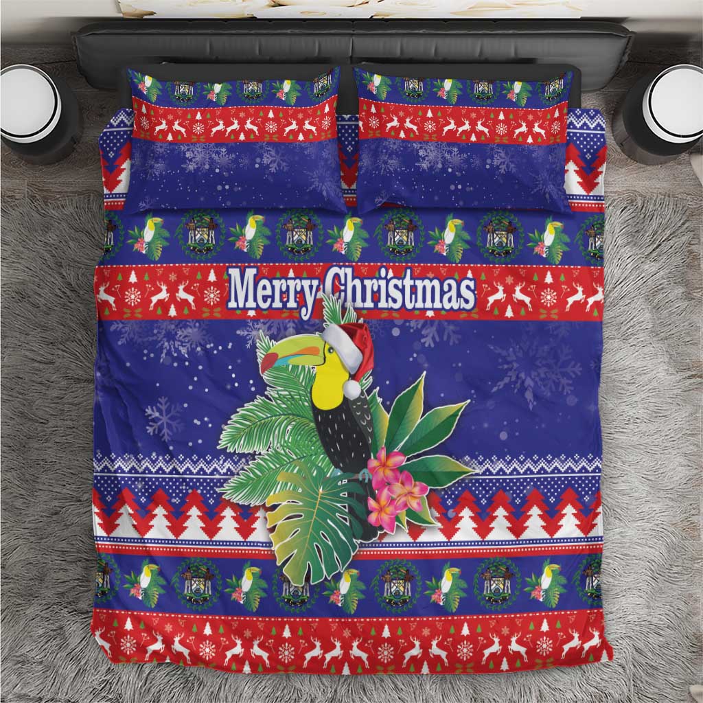 Christmas bedding set with blue and red toucan pattern, two matching pillow shams