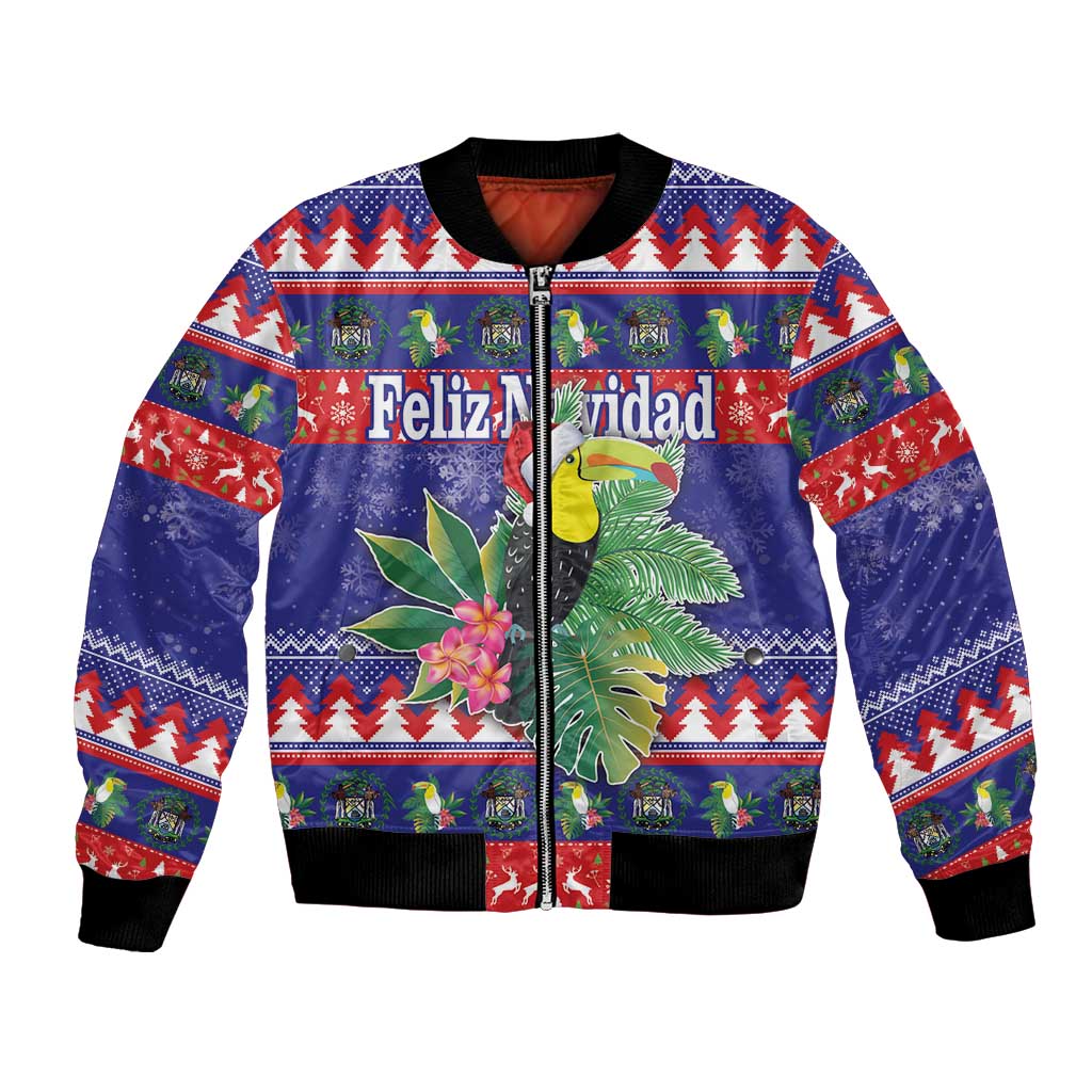 Unisex blue bomber jacket with colorful Feliz Navidad toucan knit pattern, full zip