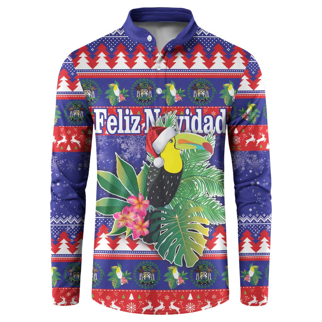 Blue Christmas button sweatshirt with toucan tropical print, Feliz Navidad