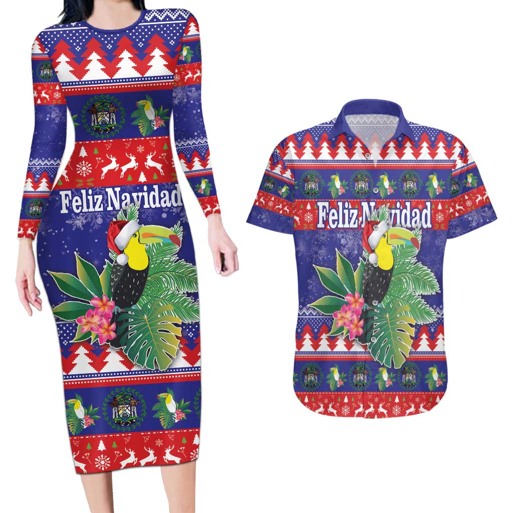 Belize Keel-billed Toucan Bird Christmas Couples Matching Long Sleeve Bodycon Dress and Hawaiian Shirt Feliz Navidad With Knitted Christmas Pattern - Wonder Print Shop