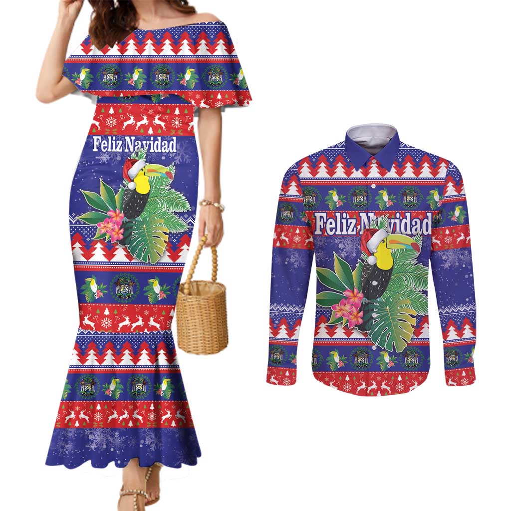 Belize Keel-billed Toucan Bird Christmas Couples Matching Mermaid Dress and Long Sleeve Button Shirt Feliz Navidad With Knitted Christmas Pattern