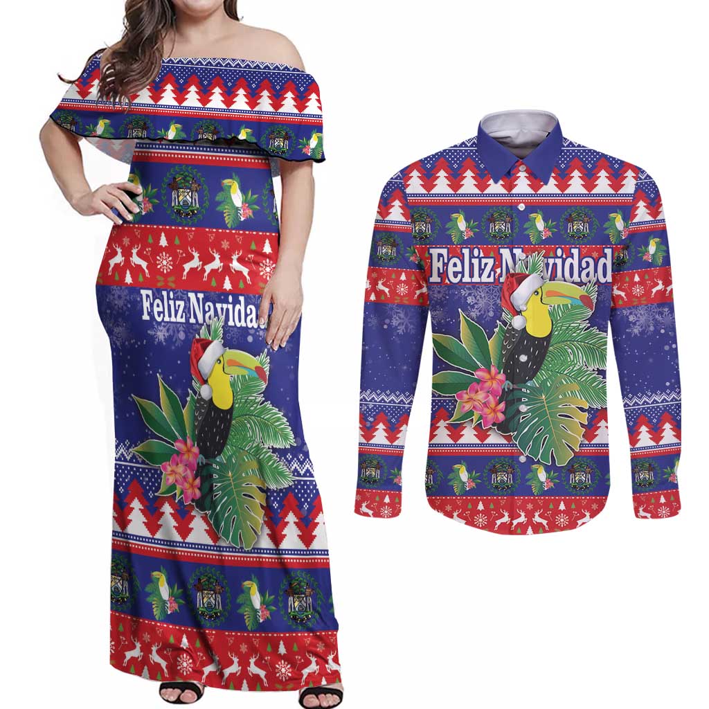 Belize Keel-billed Toucan Bird Christmas Couples Matching Off Shoulder Maxi Dress and Long Sleeve Button Shirt Feliz Navidad With Knitted Christmas Pattern - Wonder Print Shop