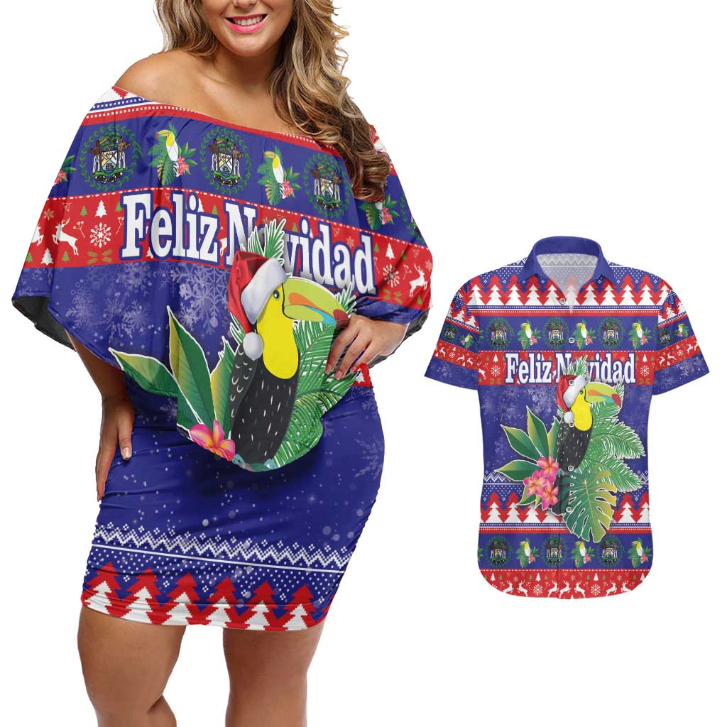 Belize Keel-billed Toucan Bird Christmas Couples Matching Off Shoulder Short Dress and Hawaiian Shirt Feliz Navidad With Knitted Christmas Pattern - Wonder Print Shop