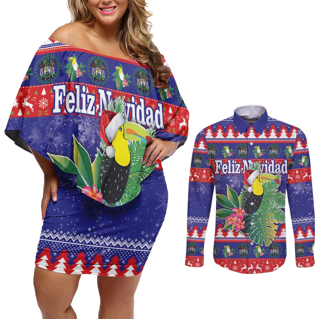 Belize Keel-billed Toucan Bird Christmas Couples Matching Off Shoulder Short Dress and Long Sleeve Button Shirt Feliz Navidad With Knitted Christmas Pattern - Wonder Print Shop