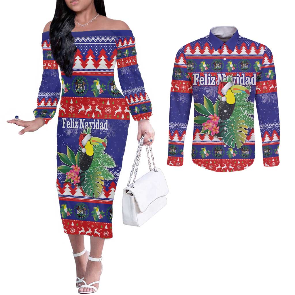 Belize Keel-billed Toucan Bird Christmas Couples Matching Off The Shoulder Long Sleeve Dress and Long Sleeve Button Shirt Feliz Navidad With Knitted Christmas Pattern