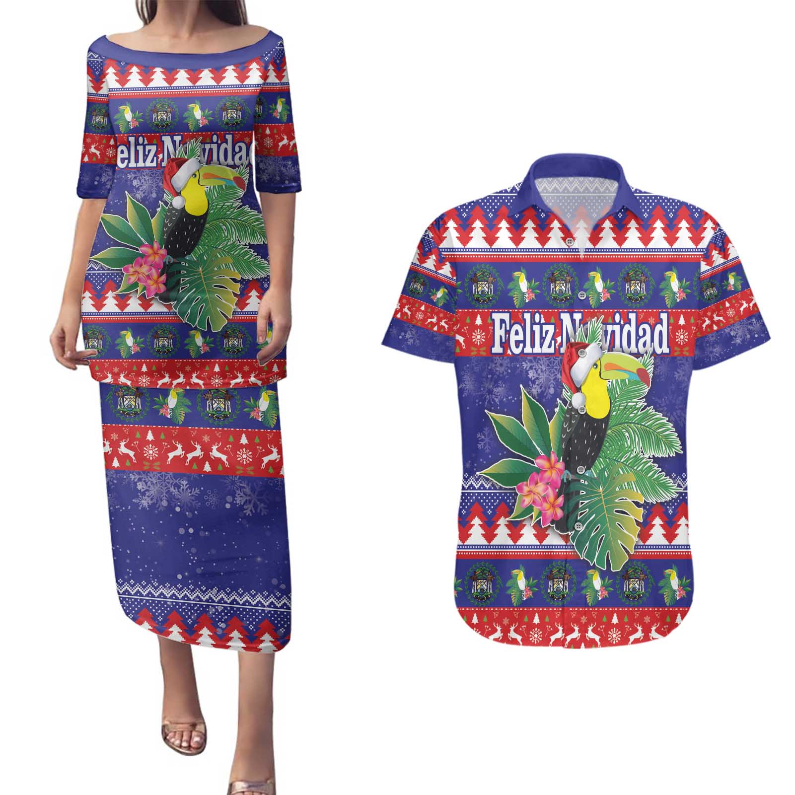 Belize Keel-billed Toucan Bird Christmas Couples Matching Puletasi and Hawaiian Shirt Feliz Navidad With Knitted Christmas Pattern - Wonder Print Shop