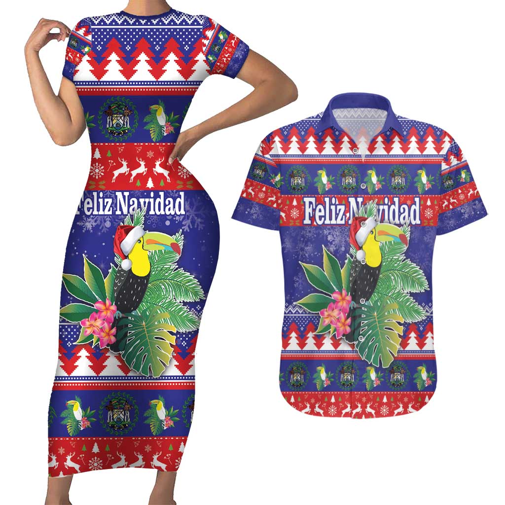 Belize Keel-billed Toucan Bird Christmas Couples Matching Short Sleeve Bodycon Dress and Hawaiian Shirt Feliz Navidad With Knitted Christmas Pattern - Wonder Print Shop